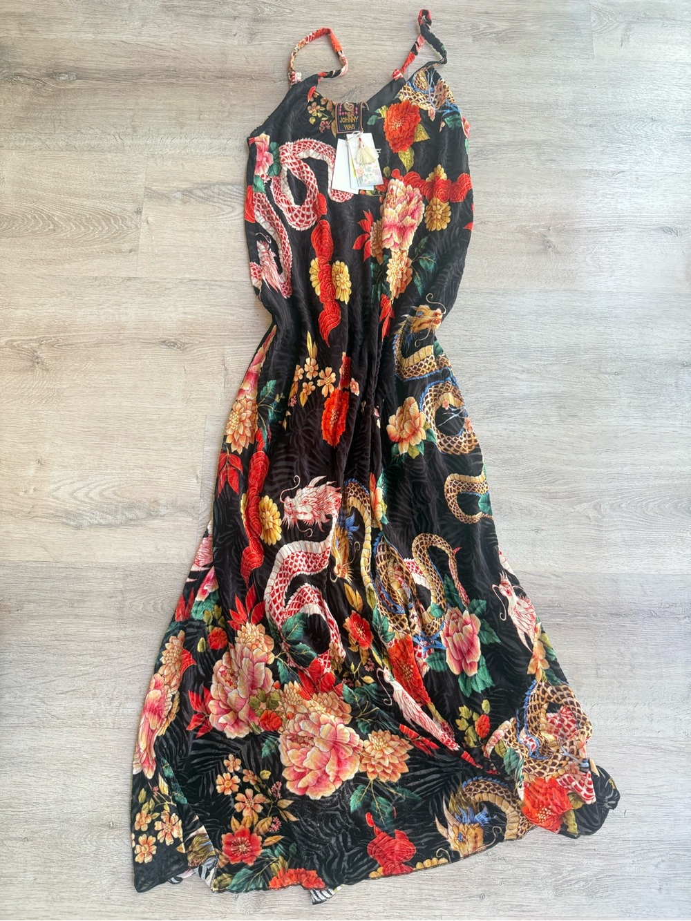 Johnny Was Black Maxi Dress with Multicolor Floral & Dragon Print